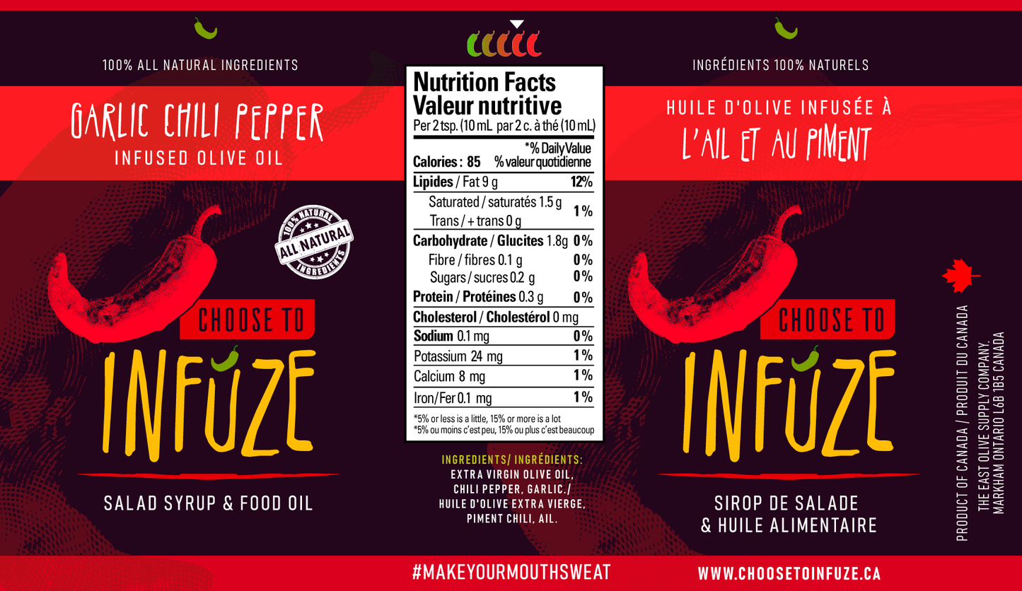 Huile d'olive infusée à l'ail et au piment 150 ml (5 oz)